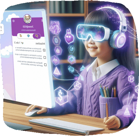 Criança em simulação financeira realista na plataforma Educoin